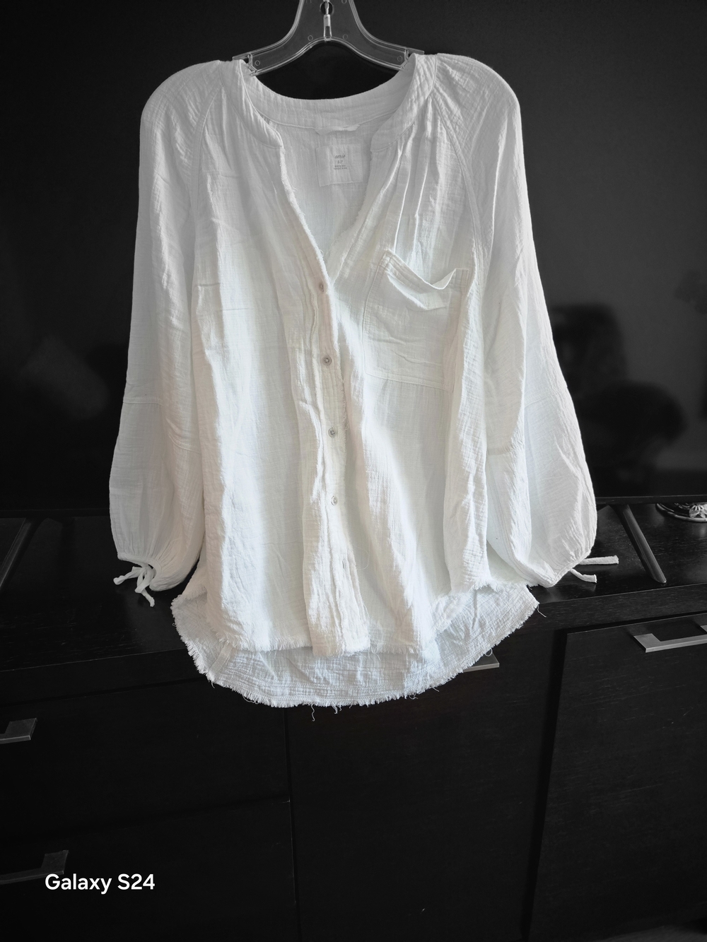 AERIE White Gauze Button-Front Blouse with Tie Sleeves OVERSISED S